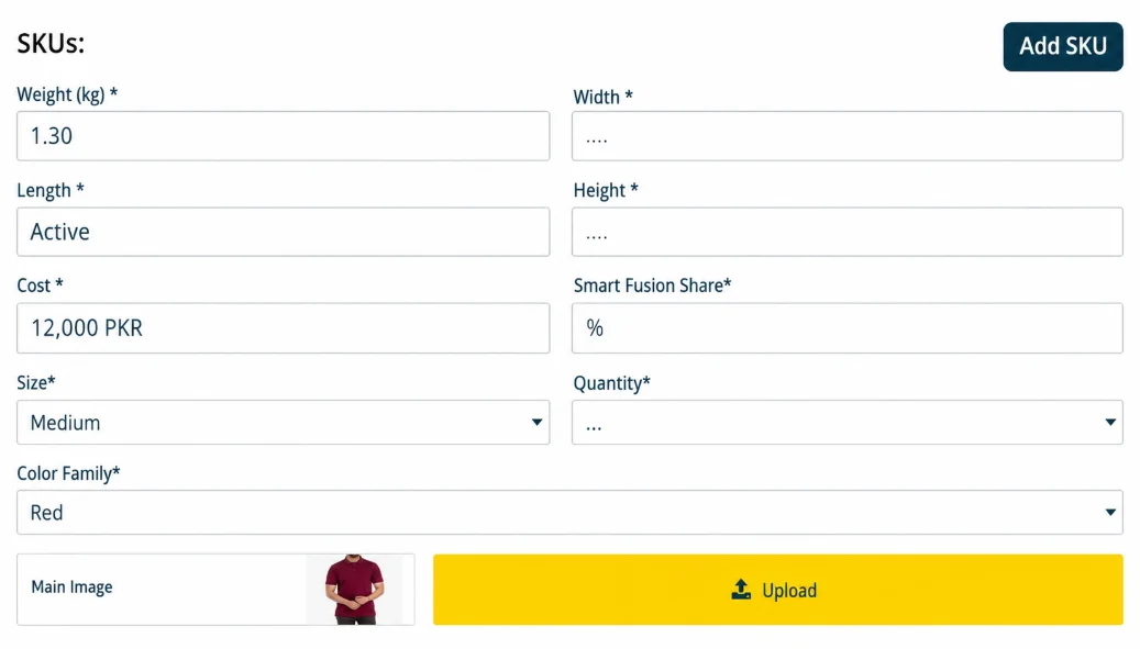 Tijari merchant dashboard: SKU details for a product