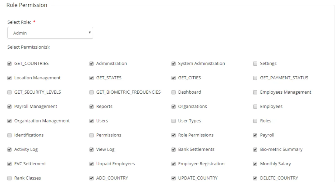 Biometric payroll system: role permission management