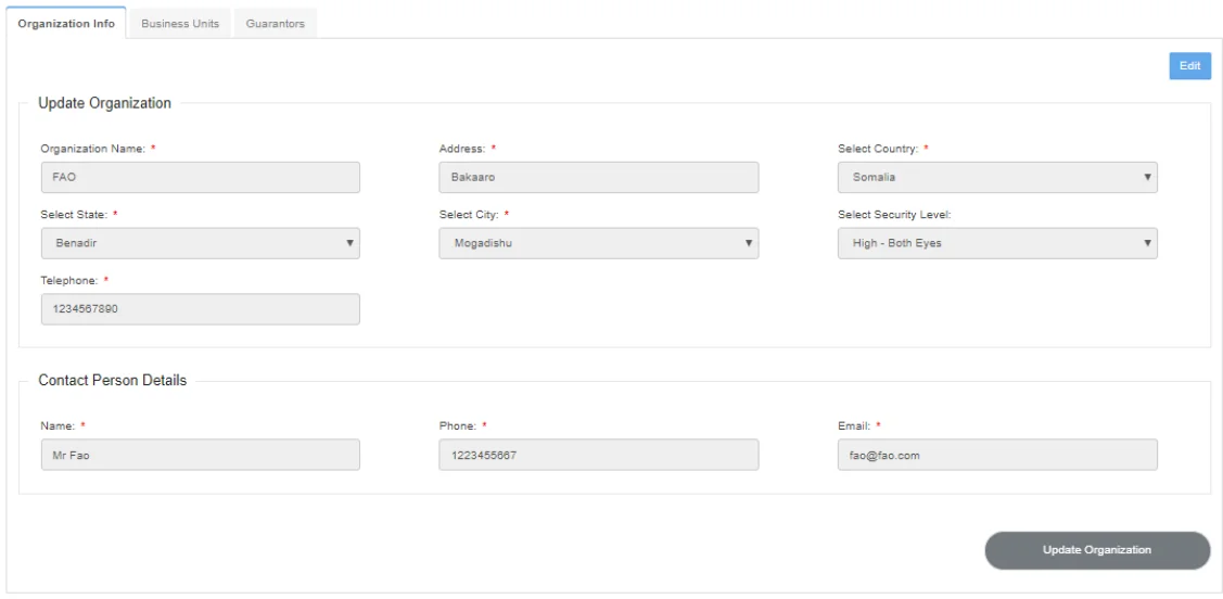 Biometric payroll system: organization update form