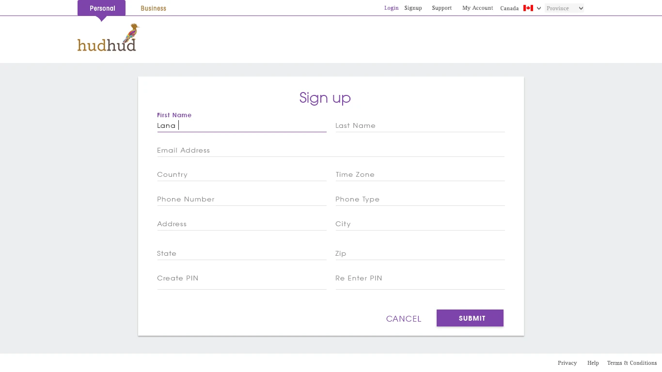 Hudhud sign-up page