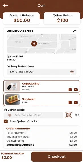 QahwaPoint app cart and checkout screen