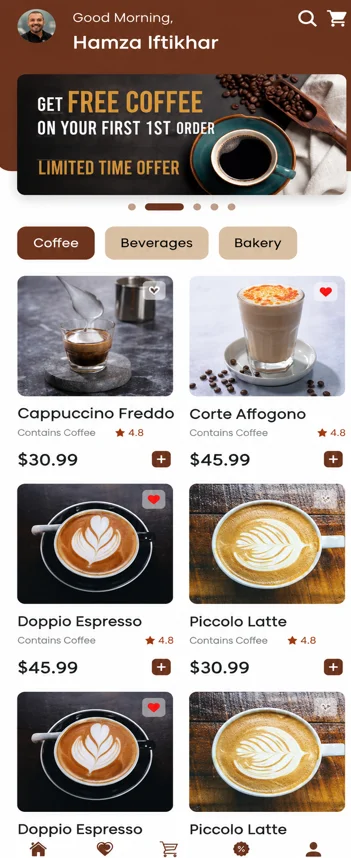QahwaPoint app menu and ordering screen