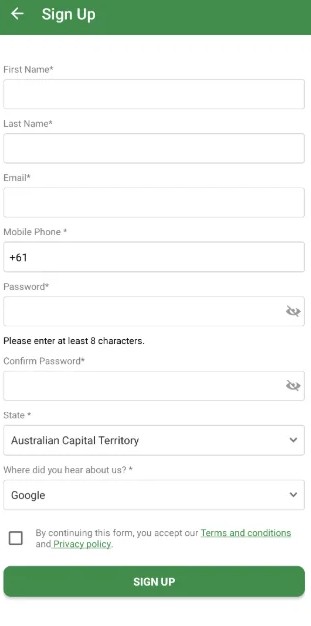 Taaj / PaySii sign-up screen